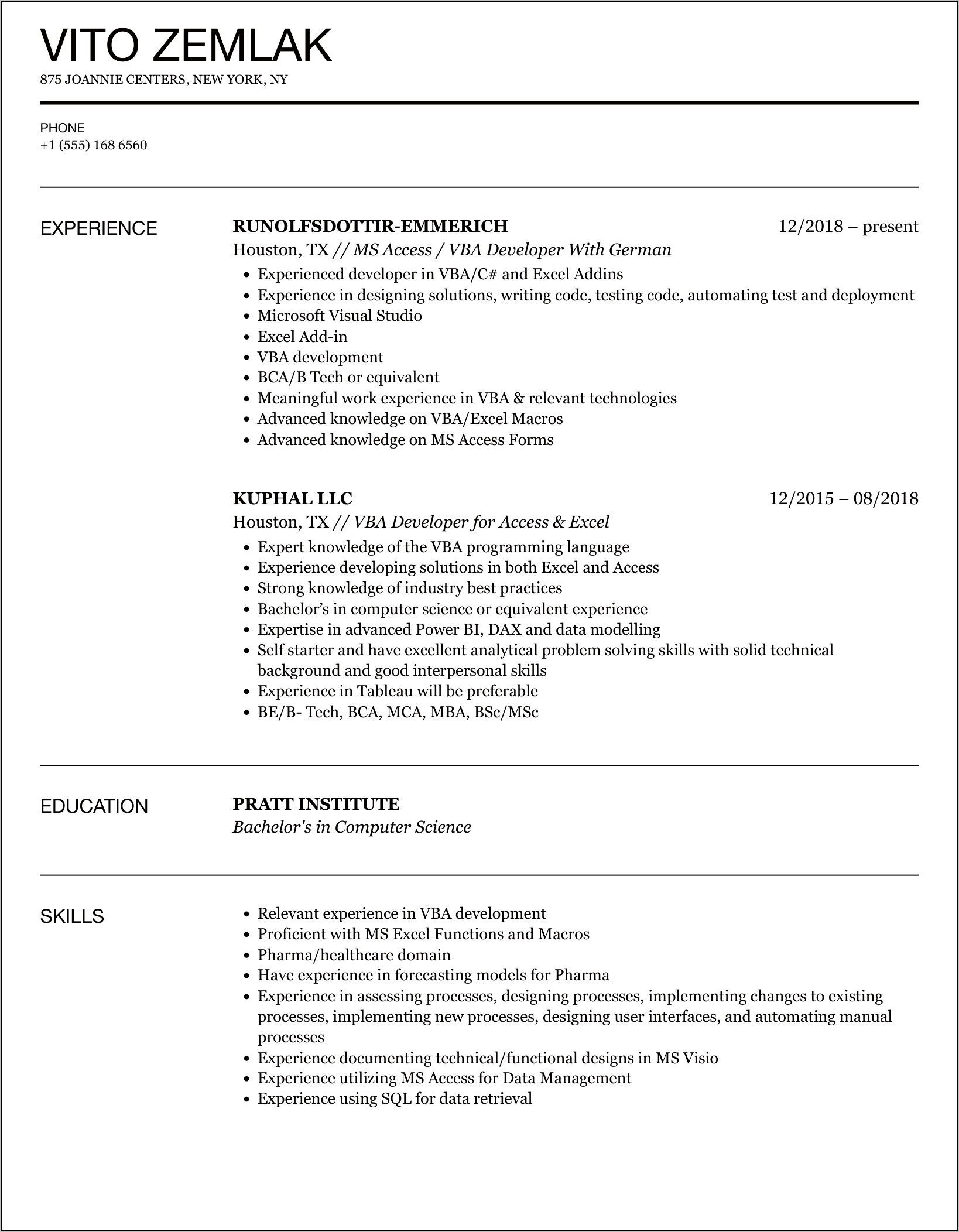 Sample Resume For Microsoft Excel