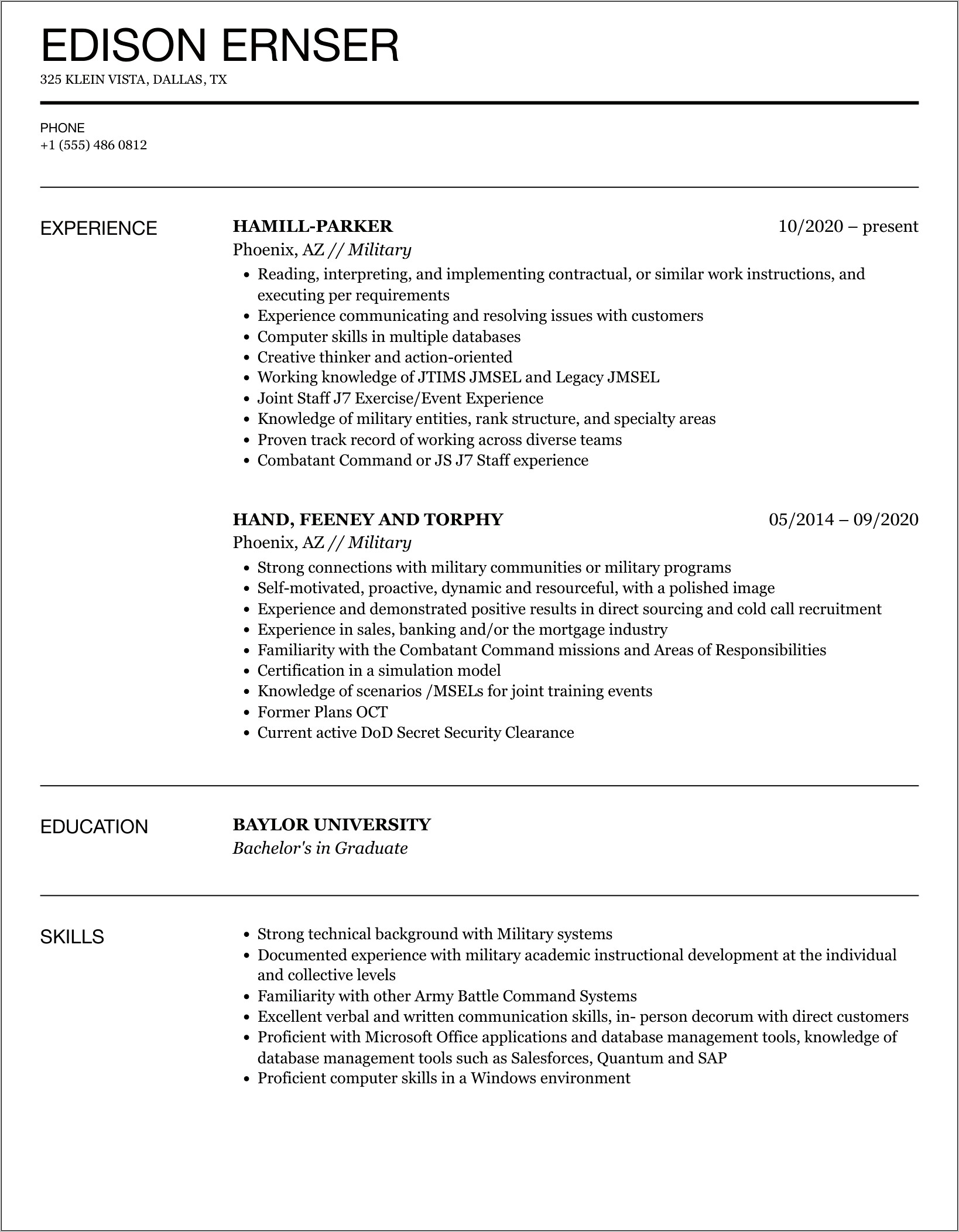 Sample Resume For Military Academy