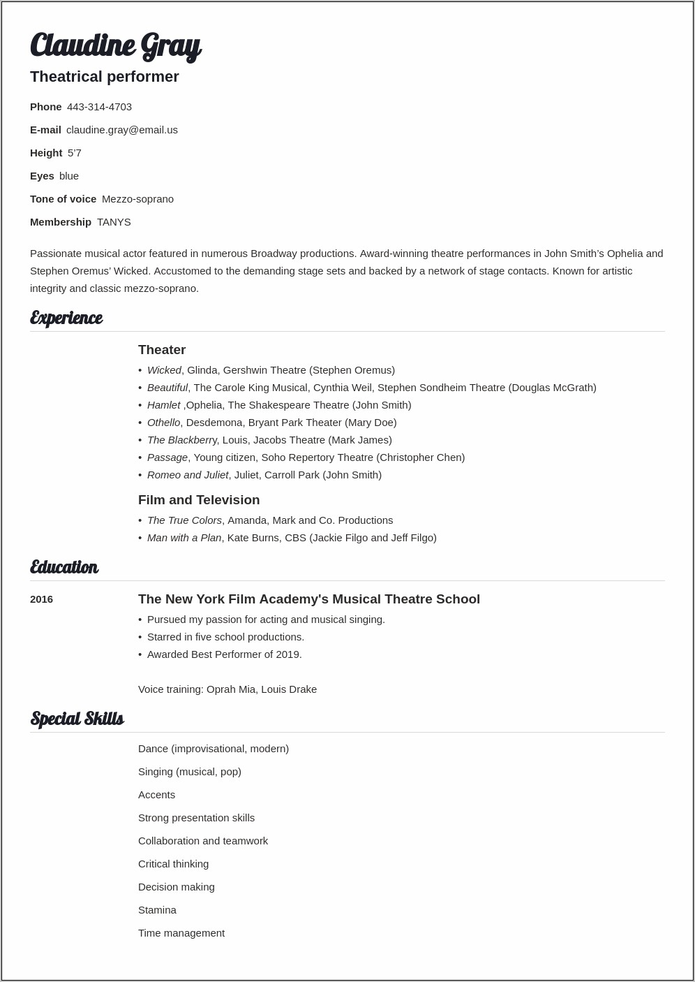 Sample Resume For Movie Theater