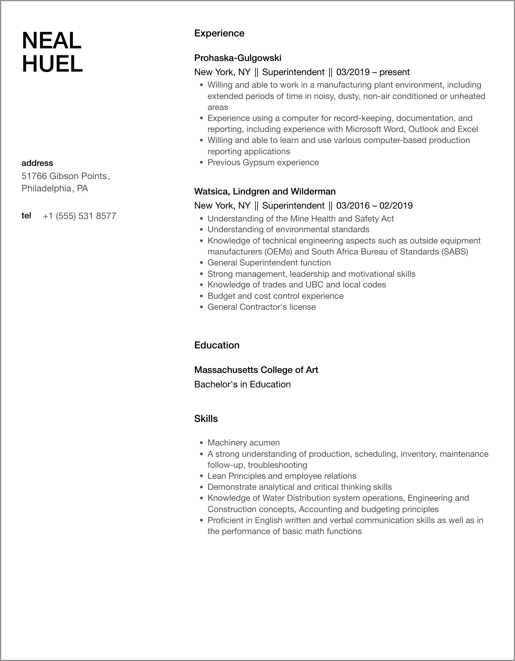 Sample Resume For Office Superintendent