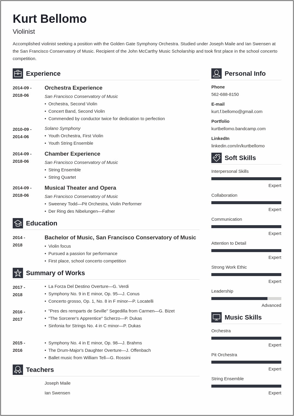 Sample Resume For Orchestra Audition
