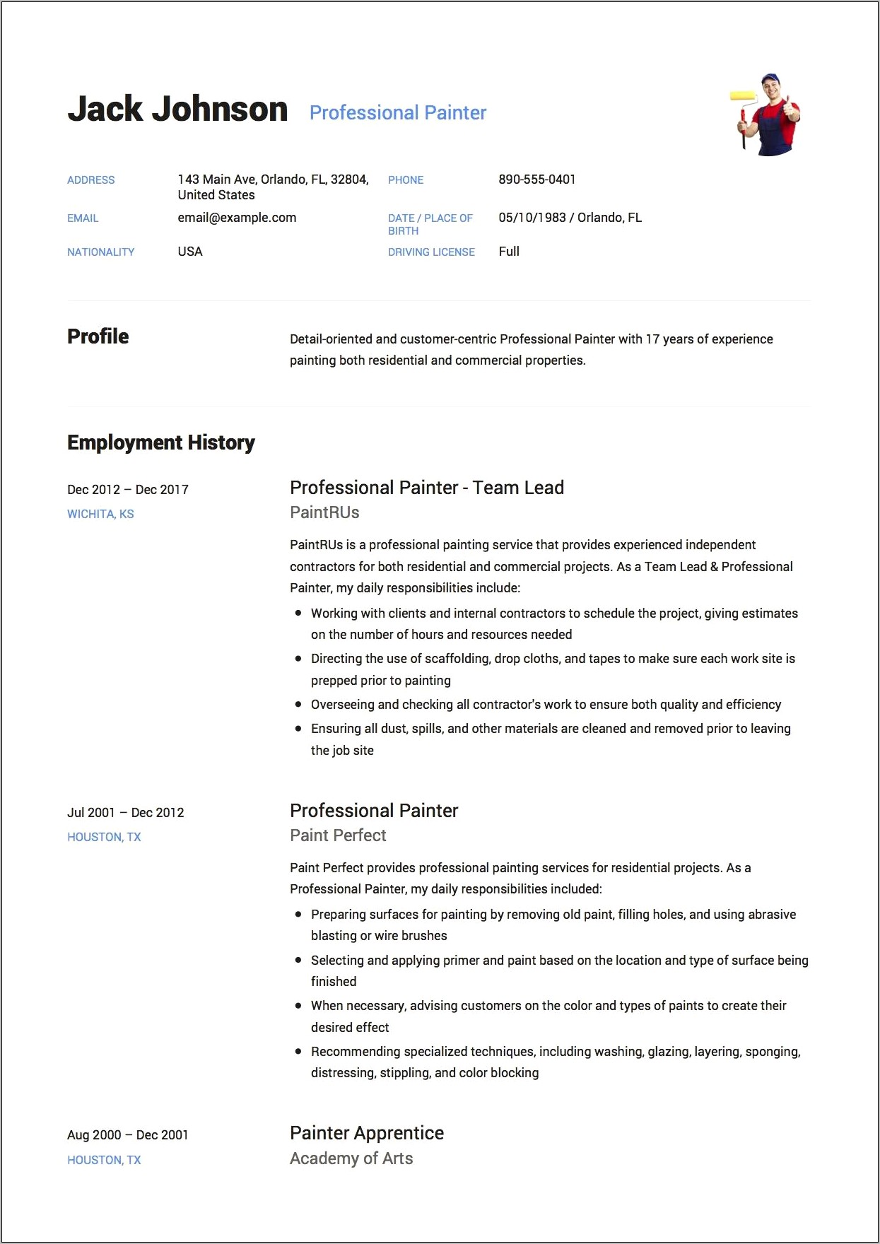 Sample Resume For Painting Contractor