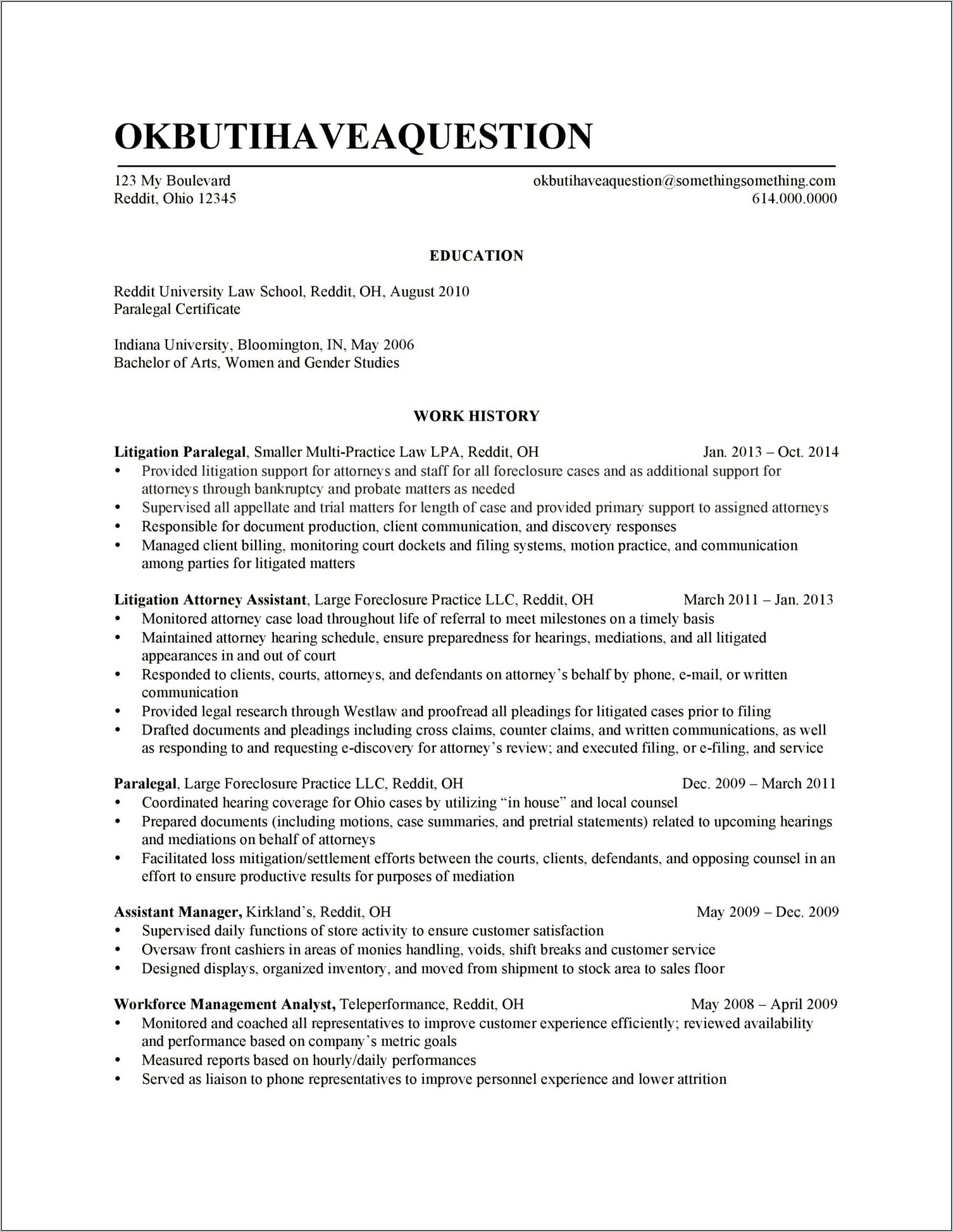 Sample Resume For Paralegal Position