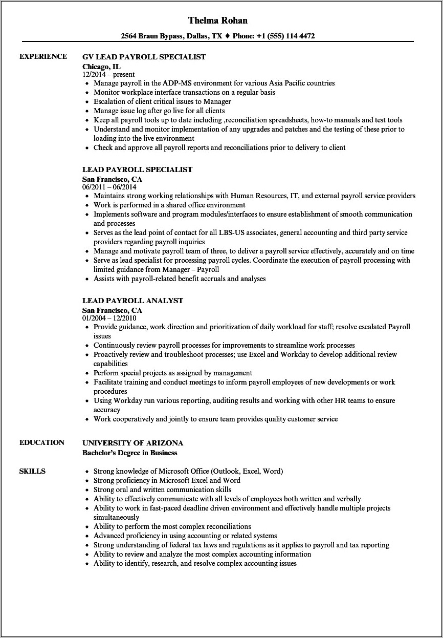 Sample Resume For Payroll Coordinator