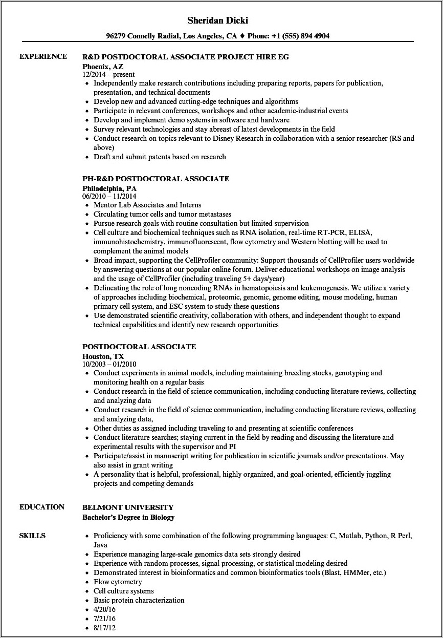 Sample Resume For Postdoc Application