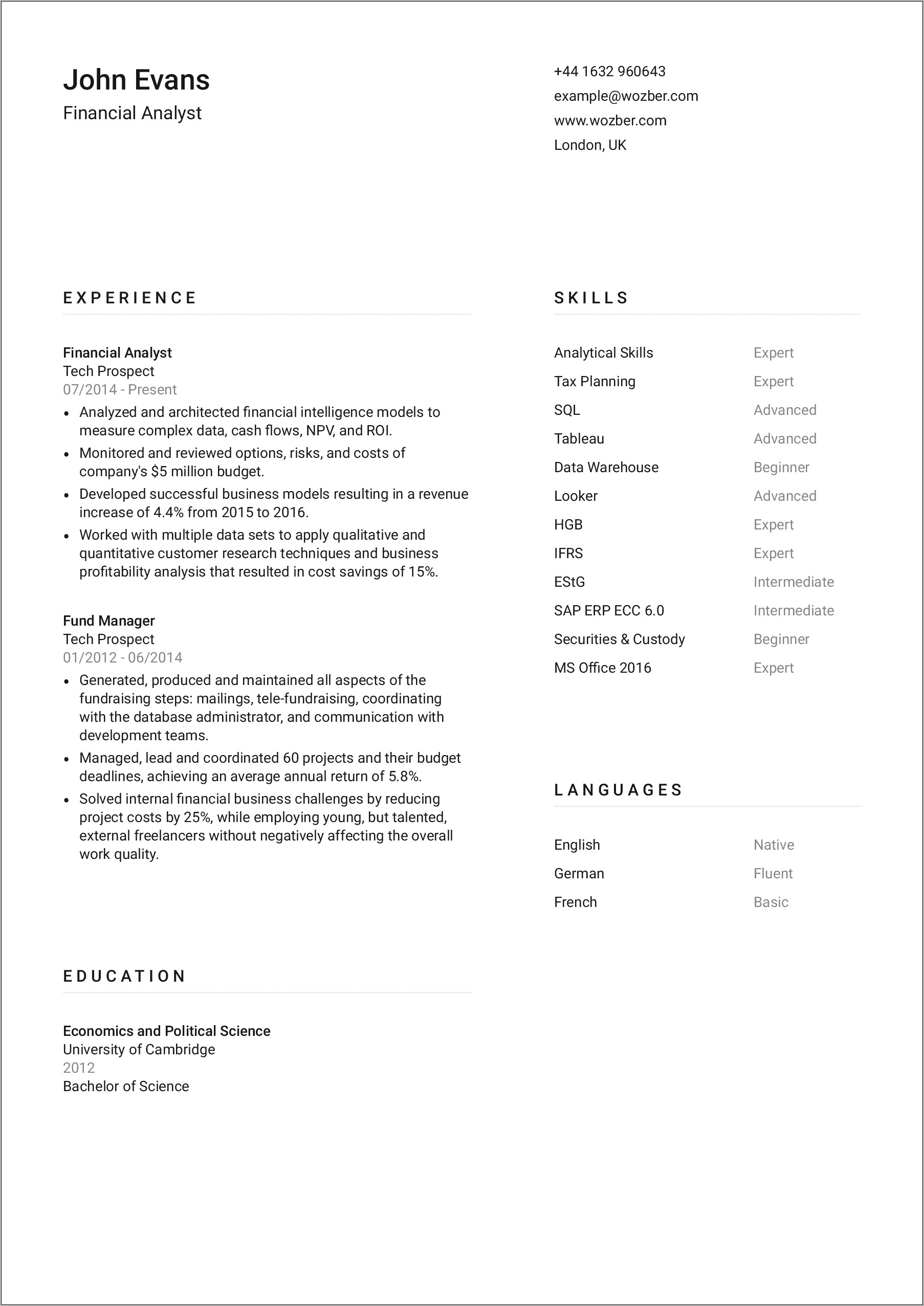 Sample Resume For Quantitative Analyst