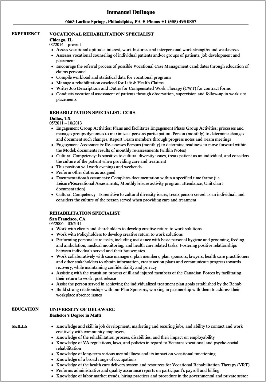 Sample Resume For Rehabilitation Counselor