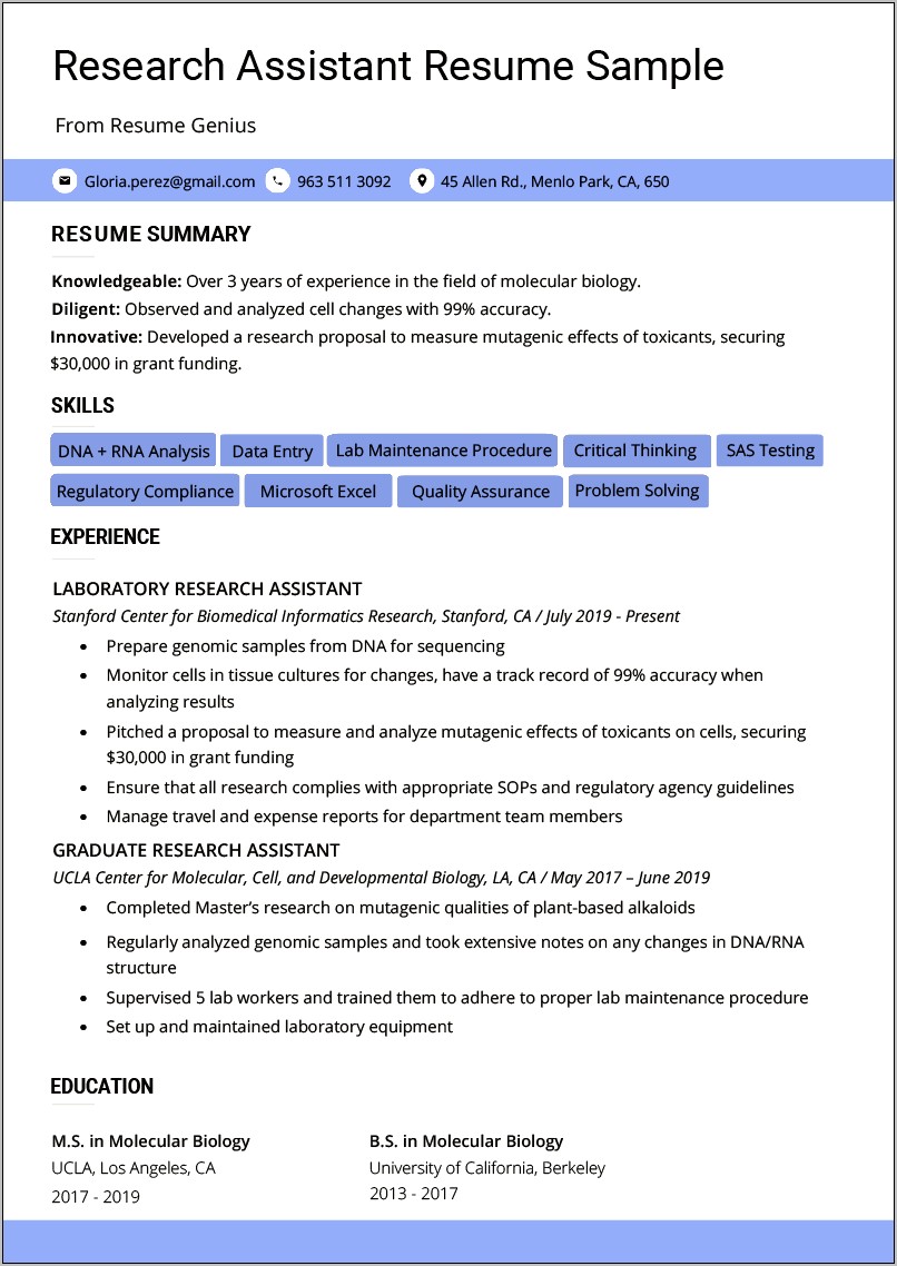 Sample Resume For Research College