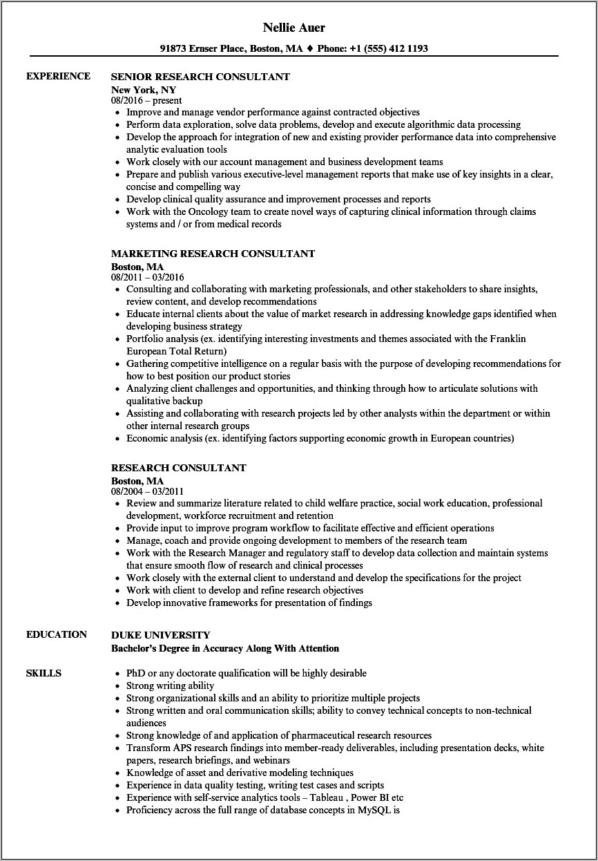 Sample Resume For Research Consultant