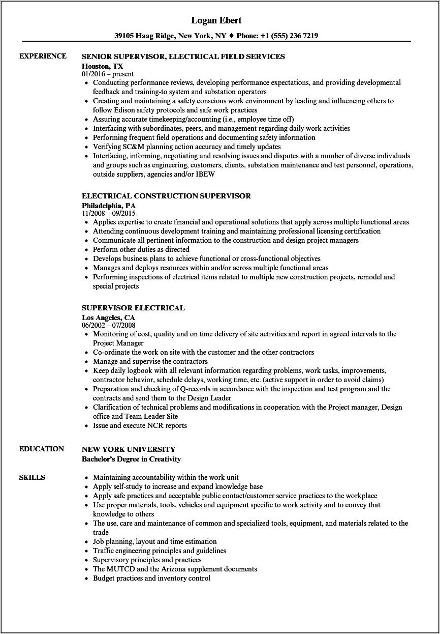 Sample Resume For Rig Electrician