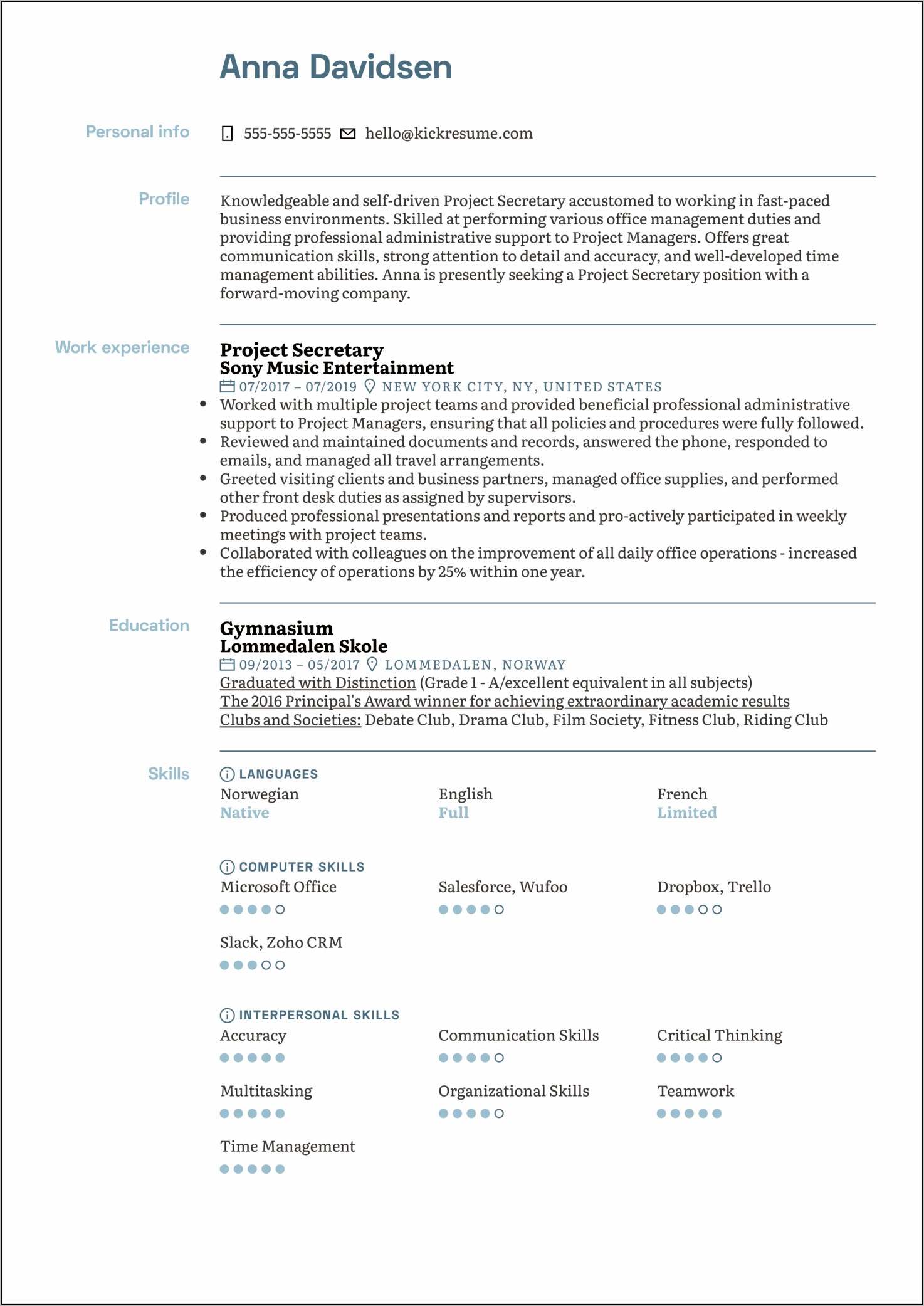 Sample Resume For Secretary Skills