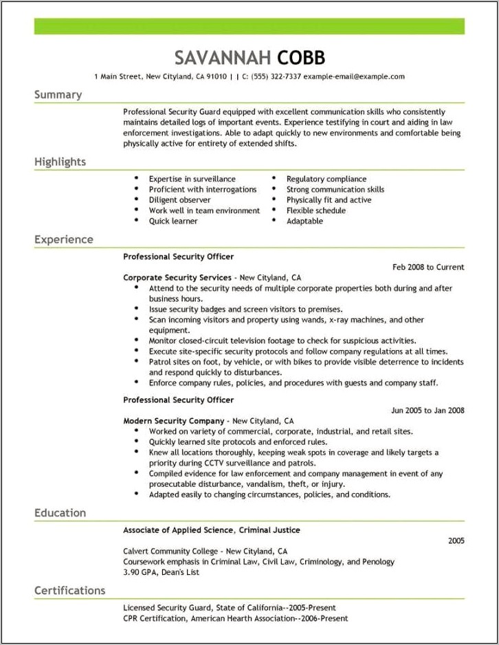 Sample Resume For Security Position