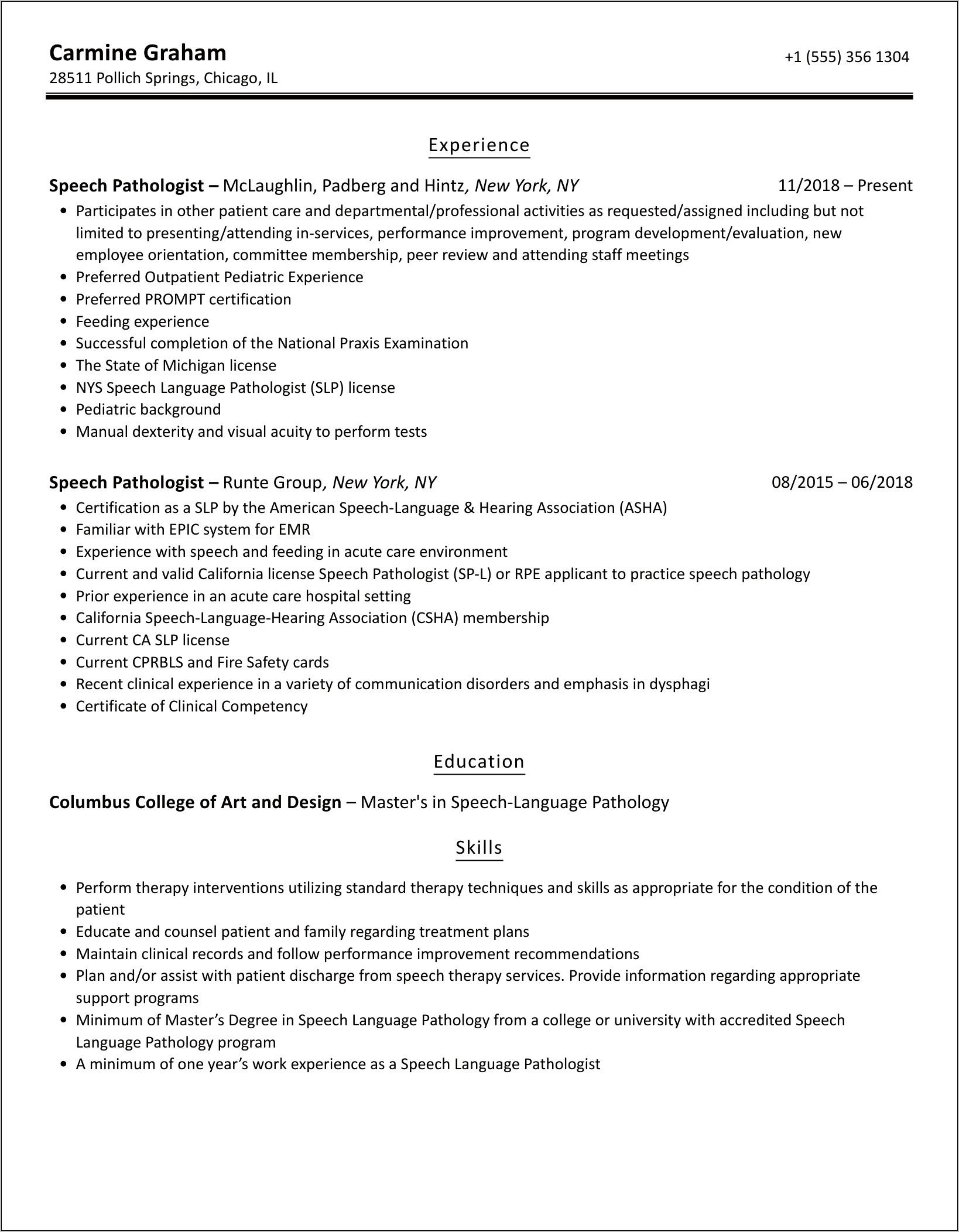Sample Resume For Speech Pathologists