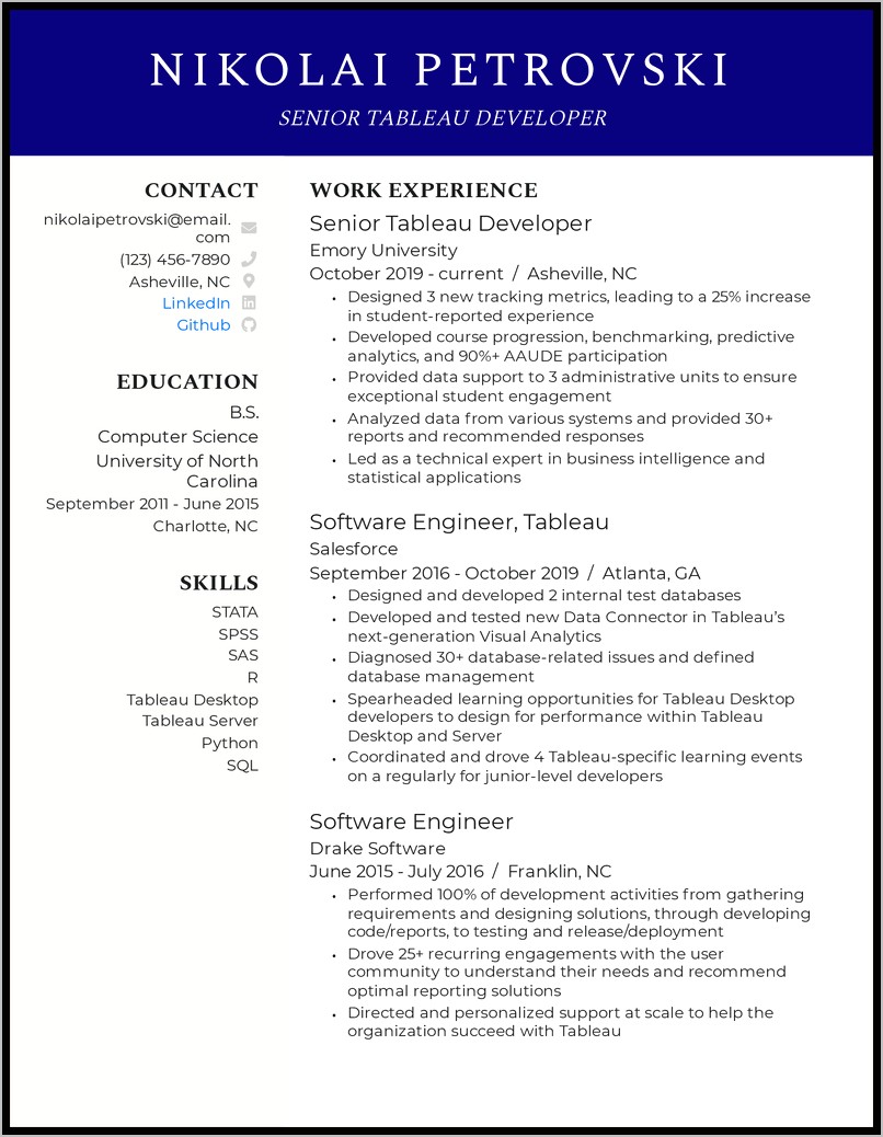 Sample Resume For Tableau Developer