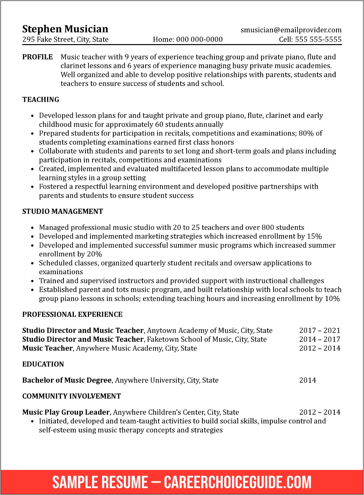 Sample Resume For Teacher Application
