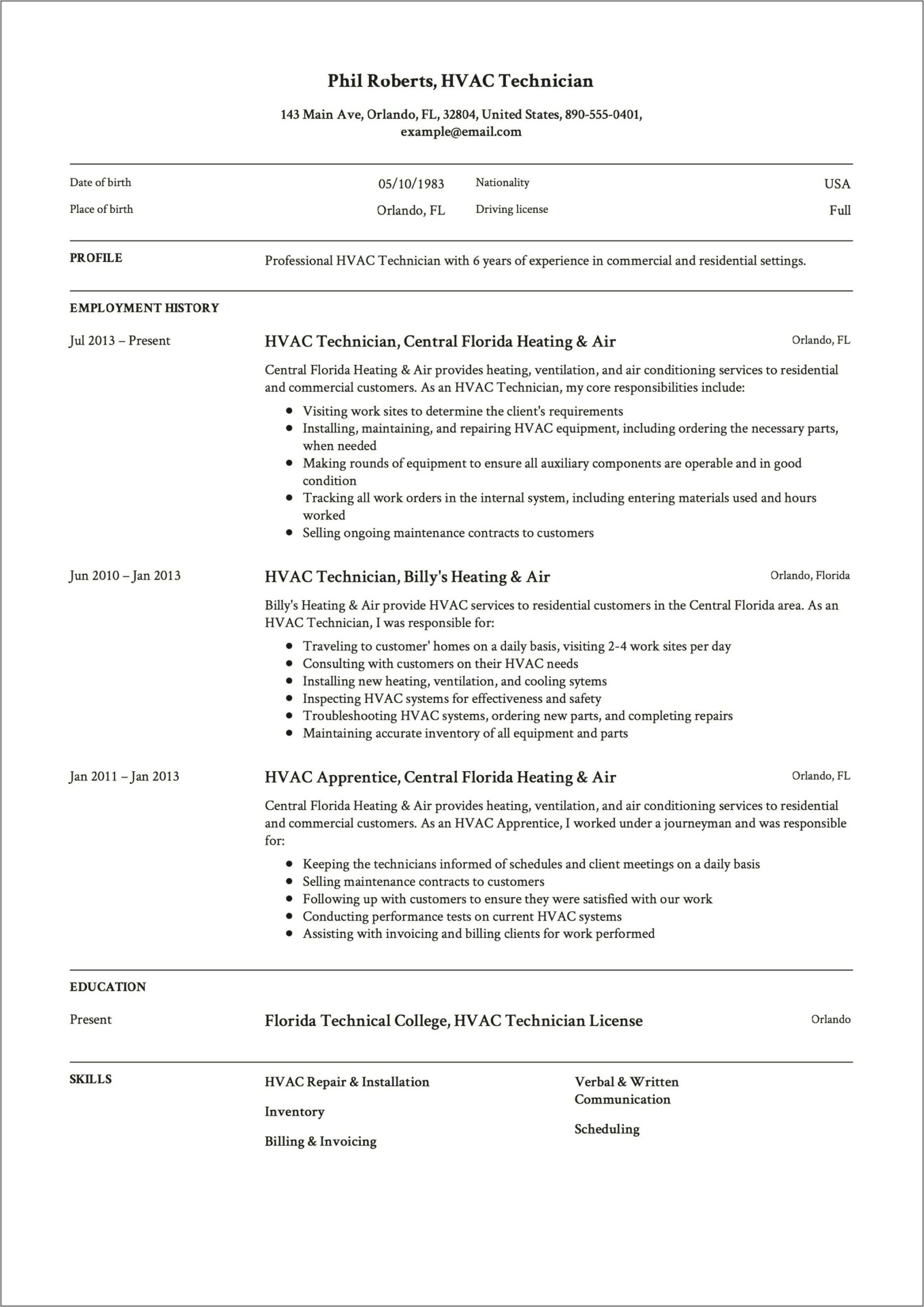 Sample Resume Heating And Cooling