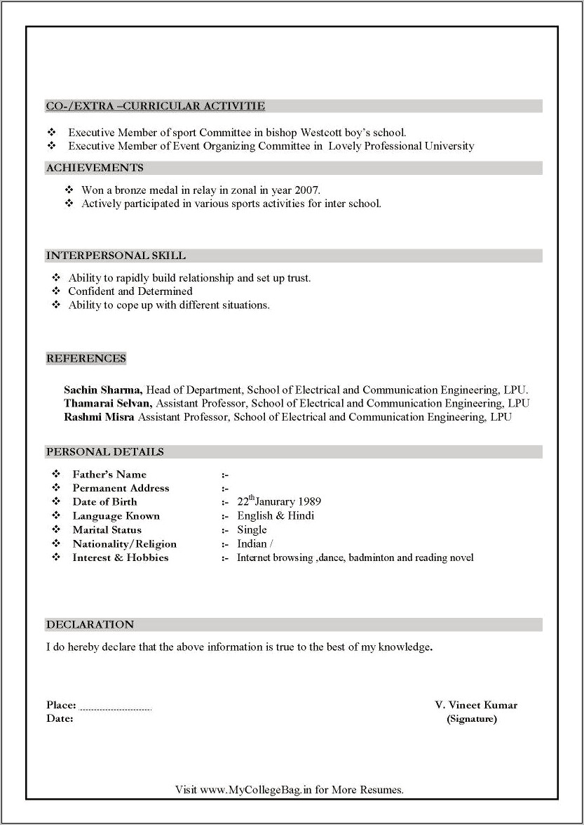 Sample Resume In Hindi Language