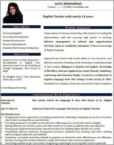 Sample Resume International School Teacher