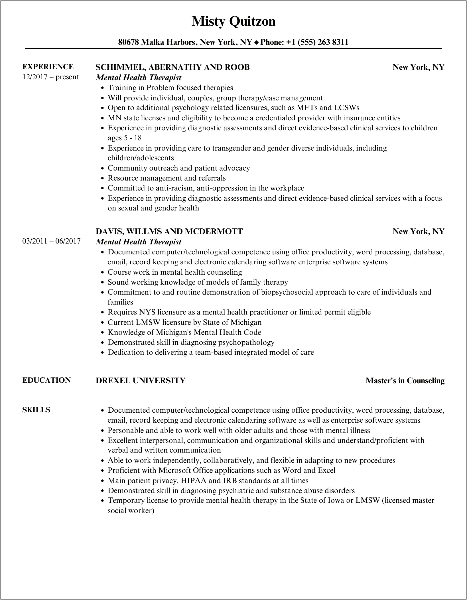 Sample Resume Licensed Professional Couselor