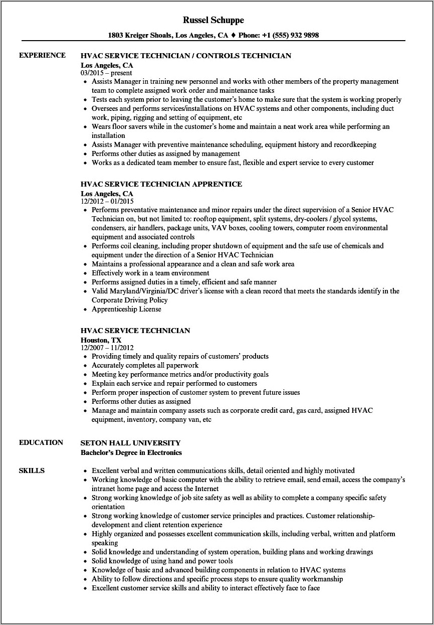 Sample Resume Objectives For Hvac
