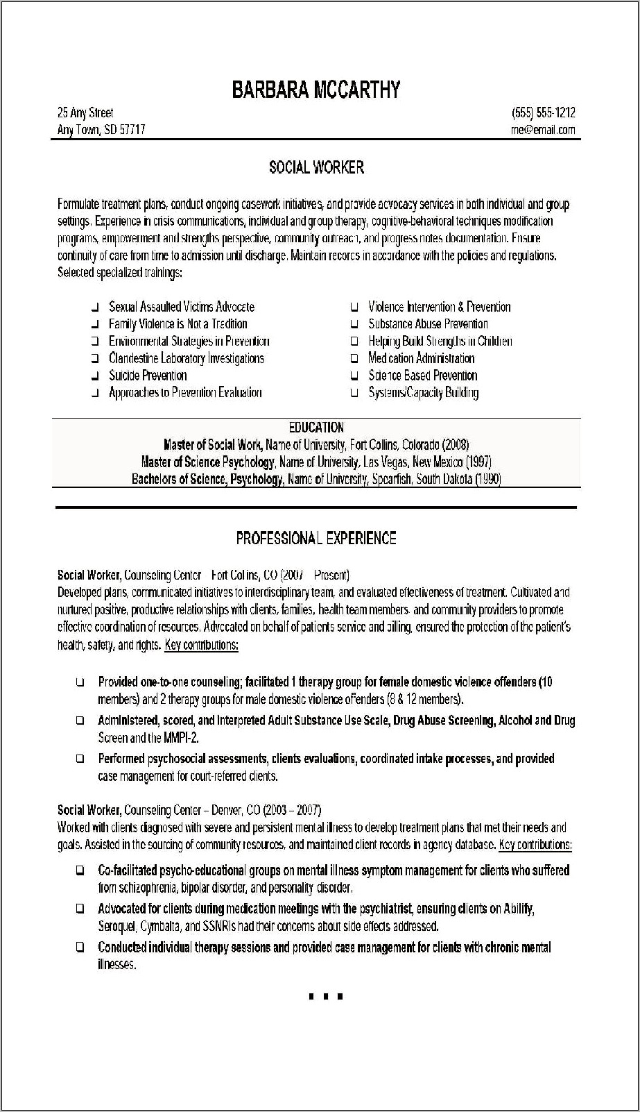 Sample Resume Objectives Mental Health