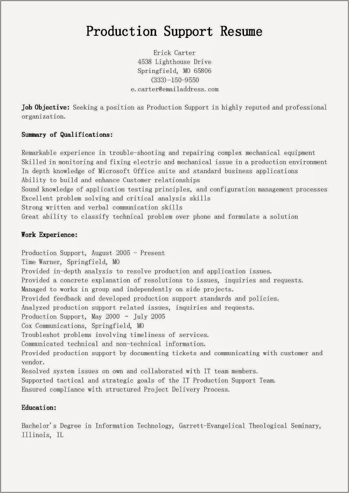 Sample Resume Of Application Support