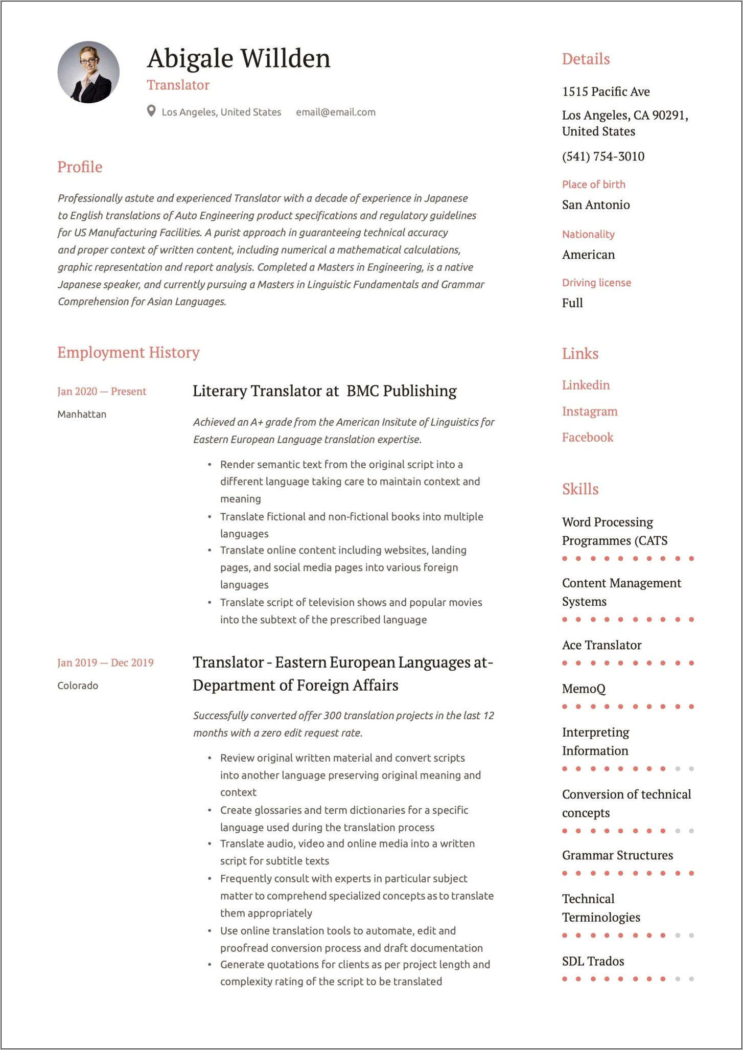 Sample Resume Of Japanese Interpreter