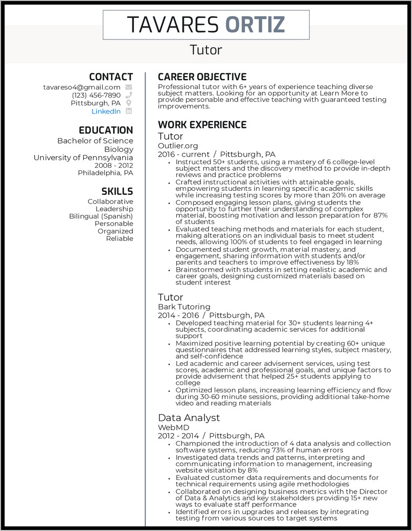 Sample Resume Of Private Tutor