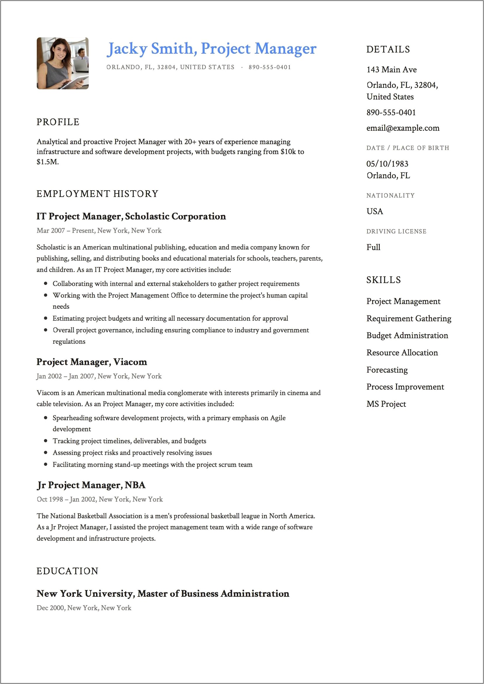 Sample Resume Of Project Manger