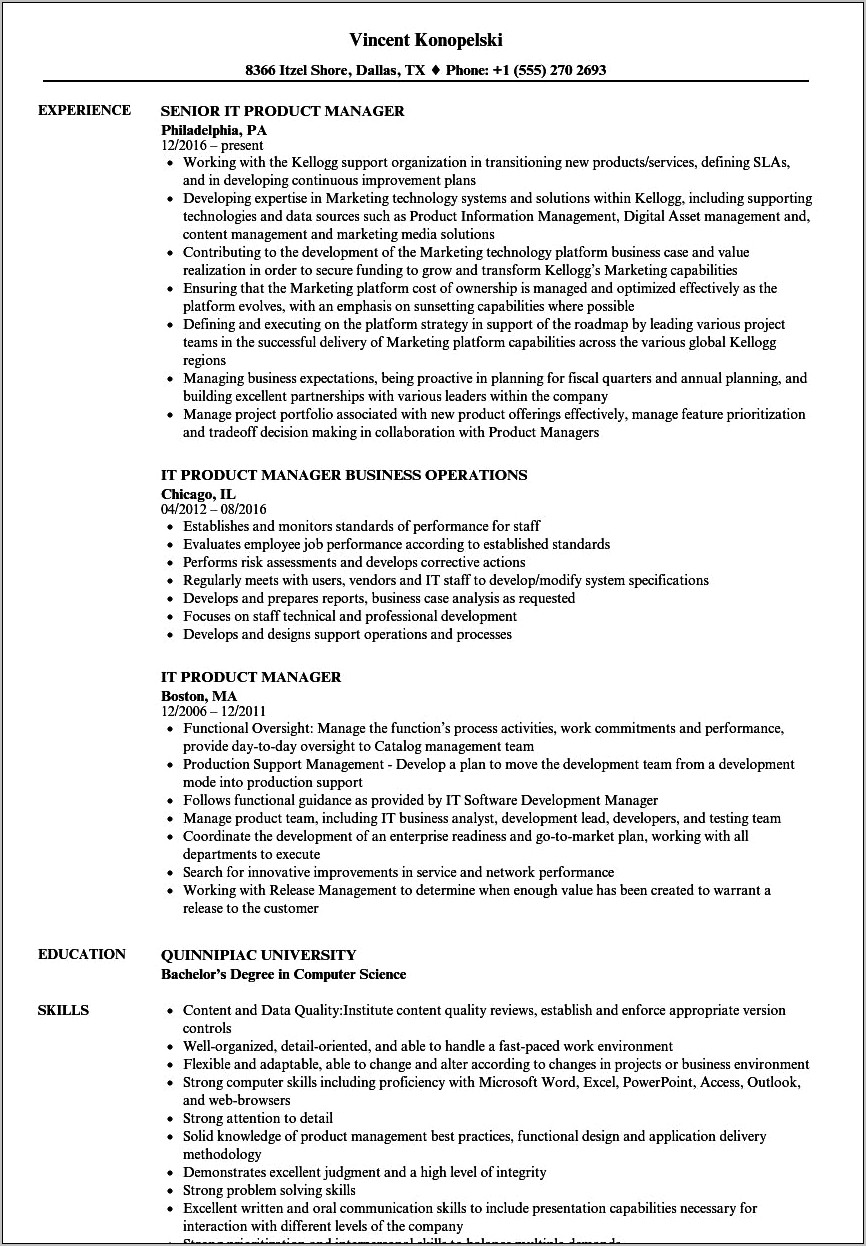 Sample Resume Product Manager Software