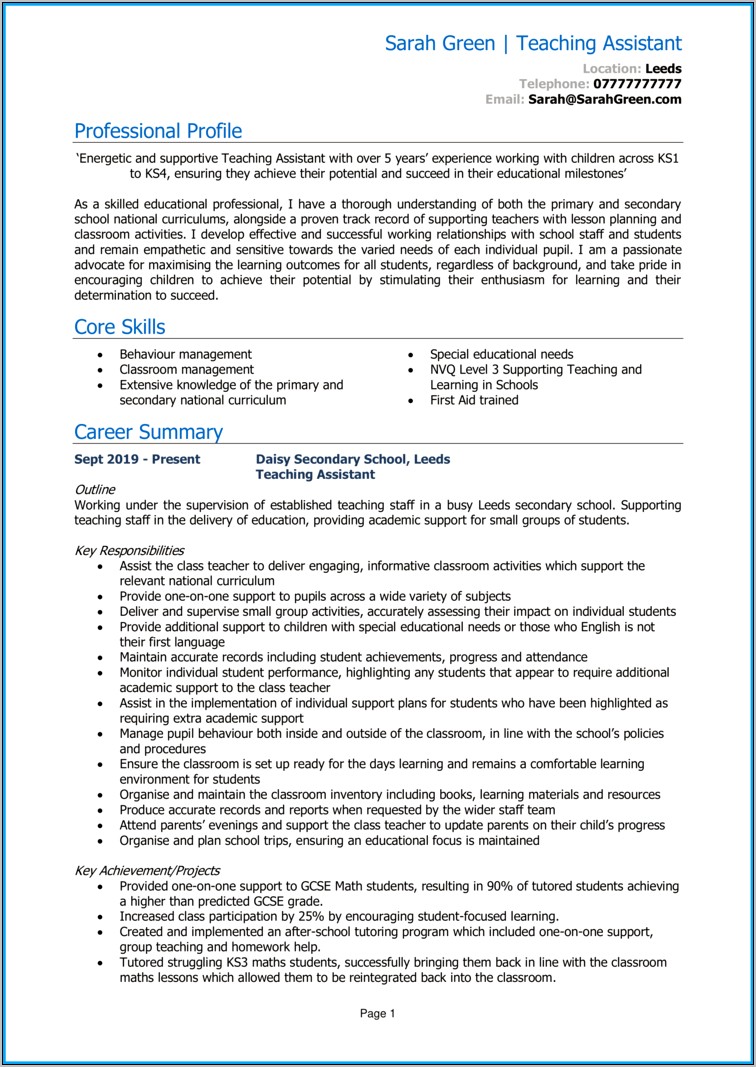 Sample Resume Profile Statements Teacher