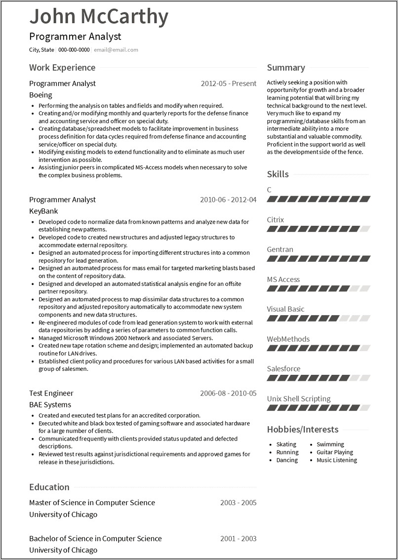 Sample Resume Programmer Analyst Position