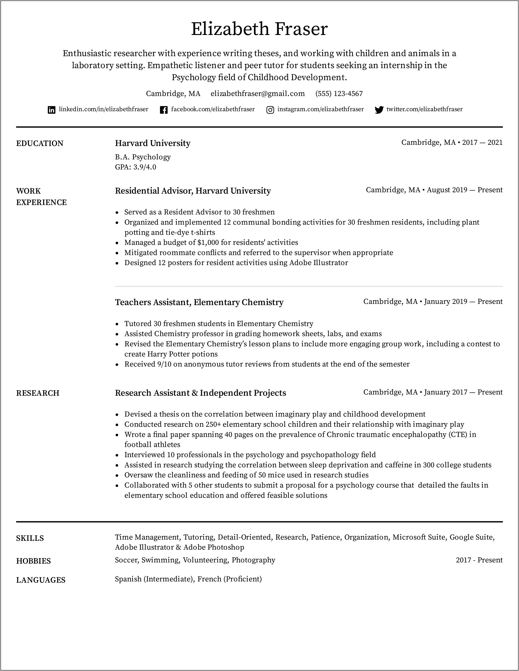 Sample Resume Psychology Graduate Student