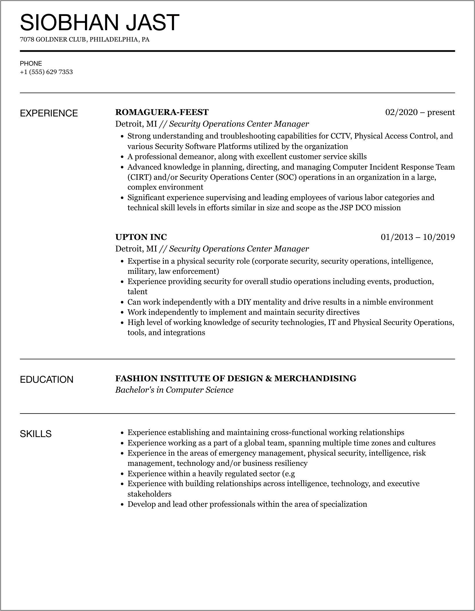 Sample Resume Security Operations Manager