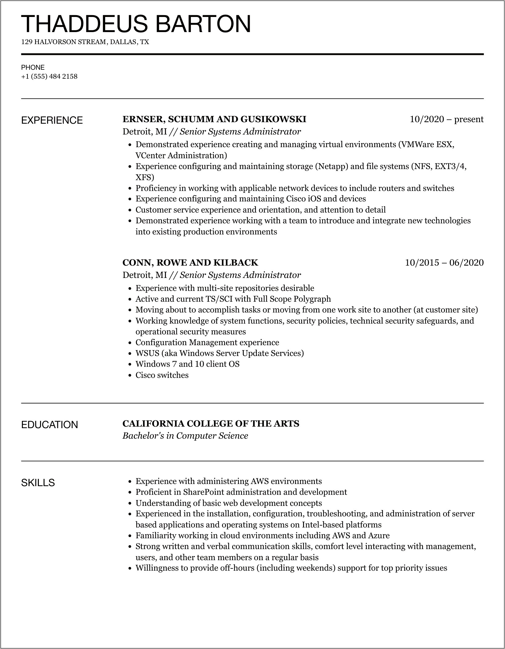 Sample Resume Senior System Administrator