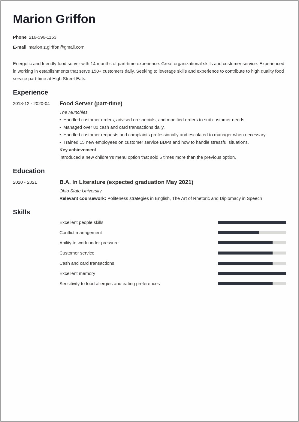 Sample Resume Student Summer Job