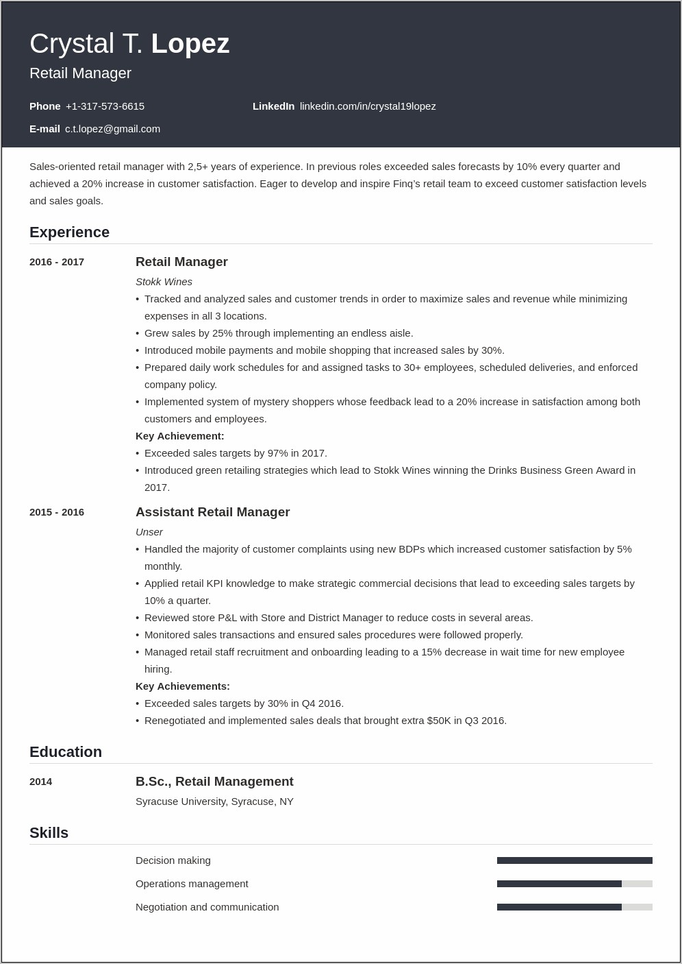 Sample Resume Summary For Retail
