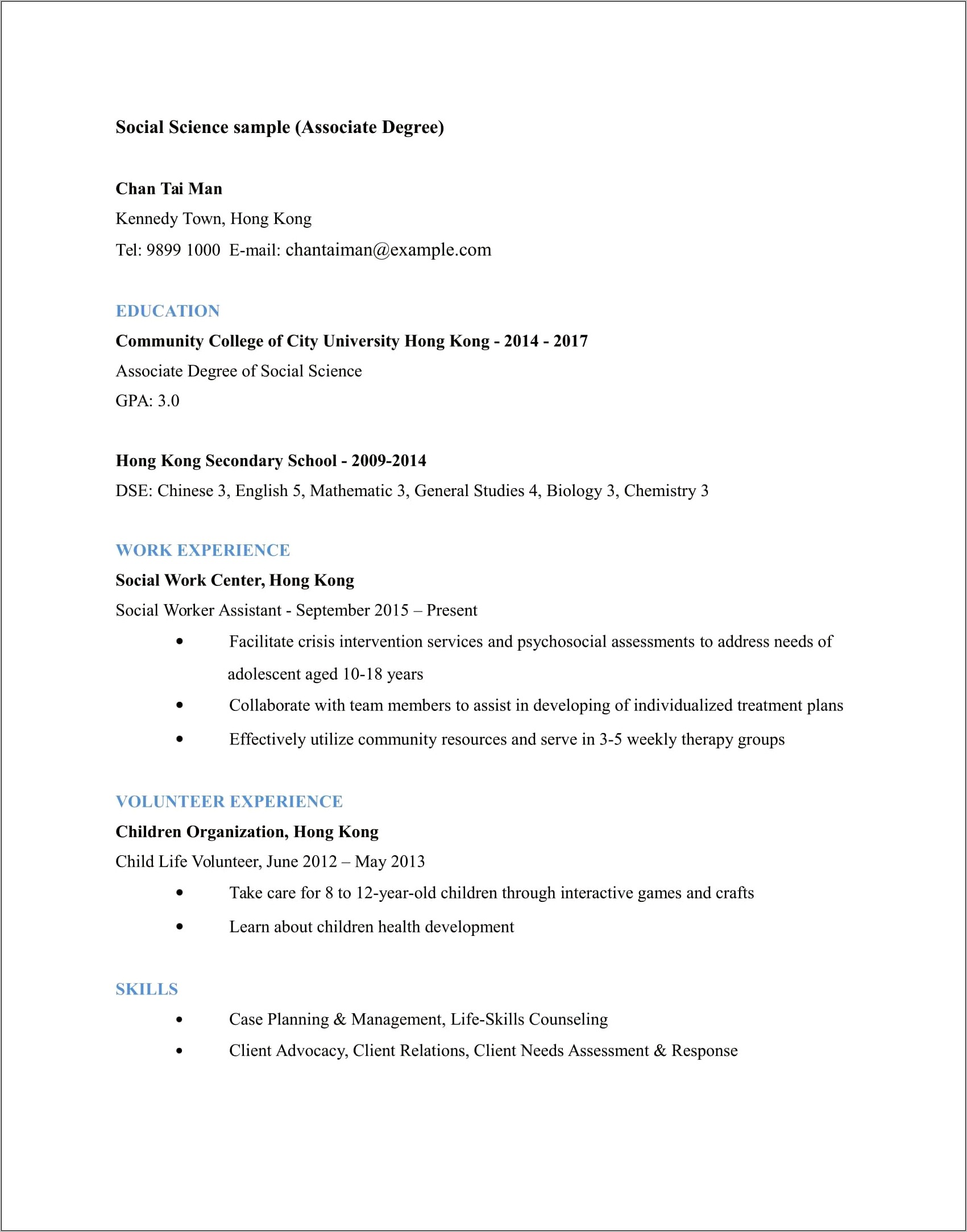 Sample Resume With Associate Degree