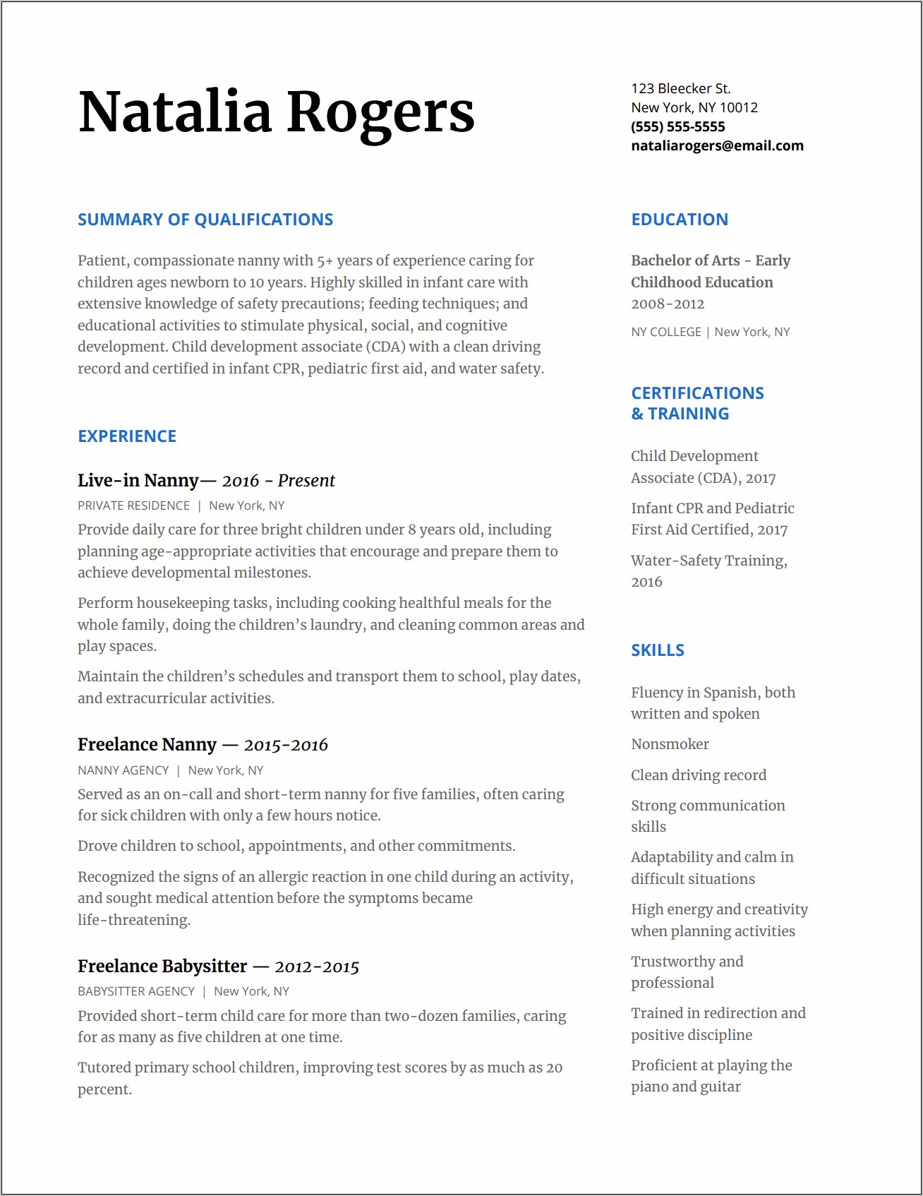 Sample Resume With Babysitting Experience