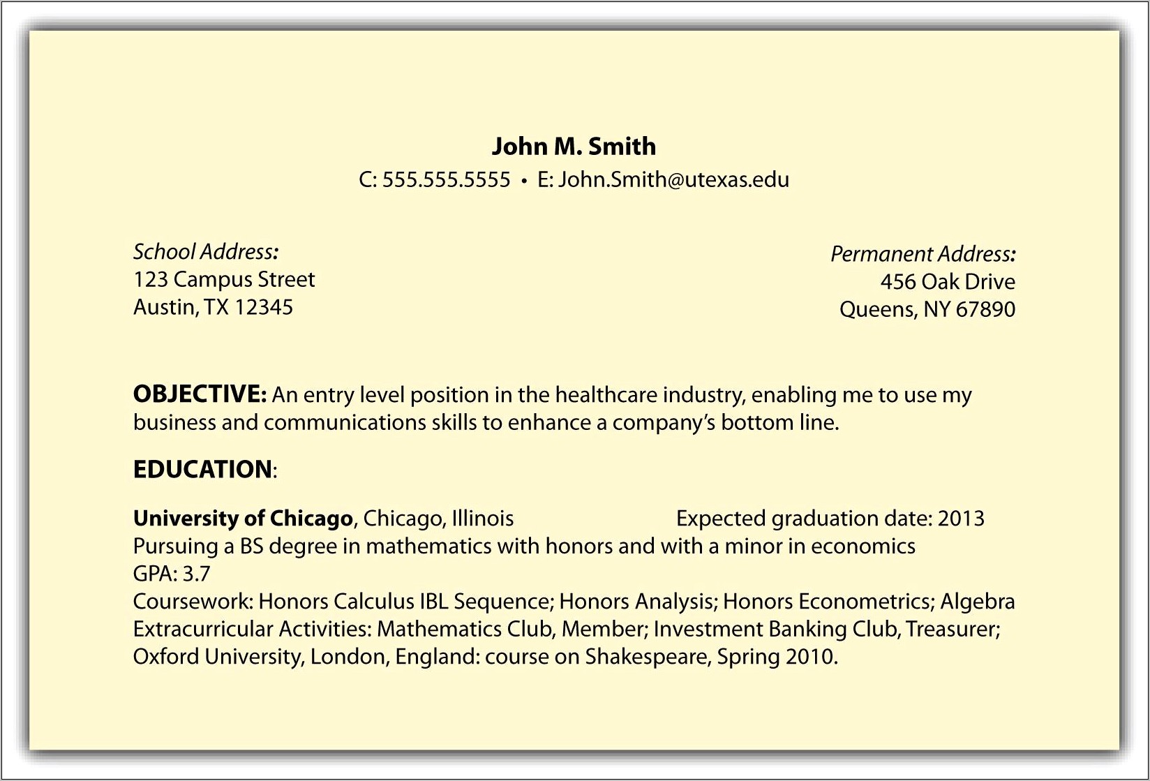 Sample Resume With Gpa Listed