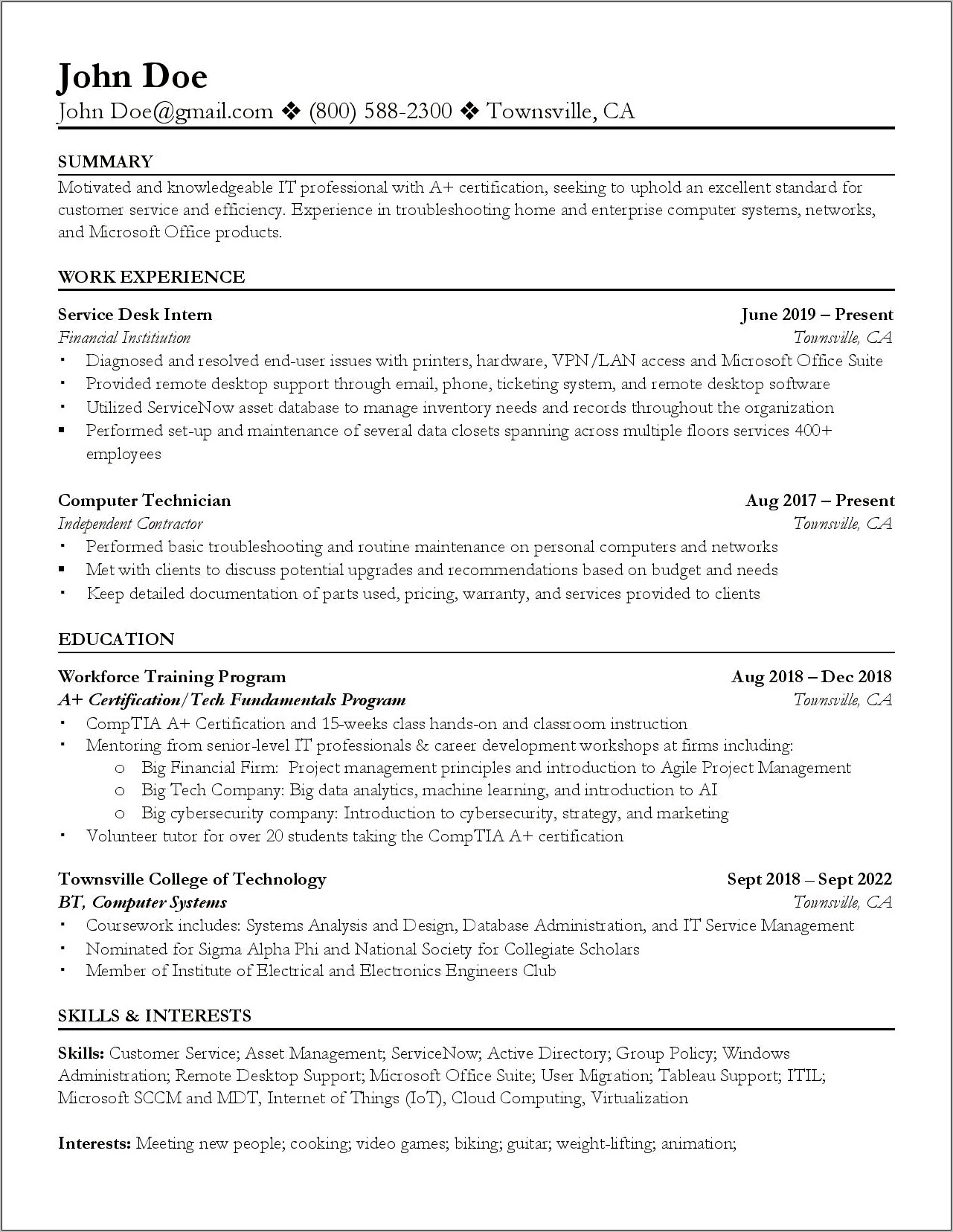 Sample Resumes Entry Level It