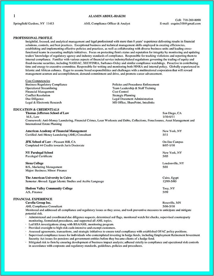 Sample Resumes For Compliance Officer