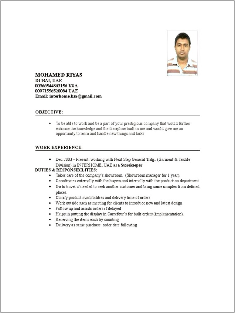 Sample Resumes For Construction Storekeeper