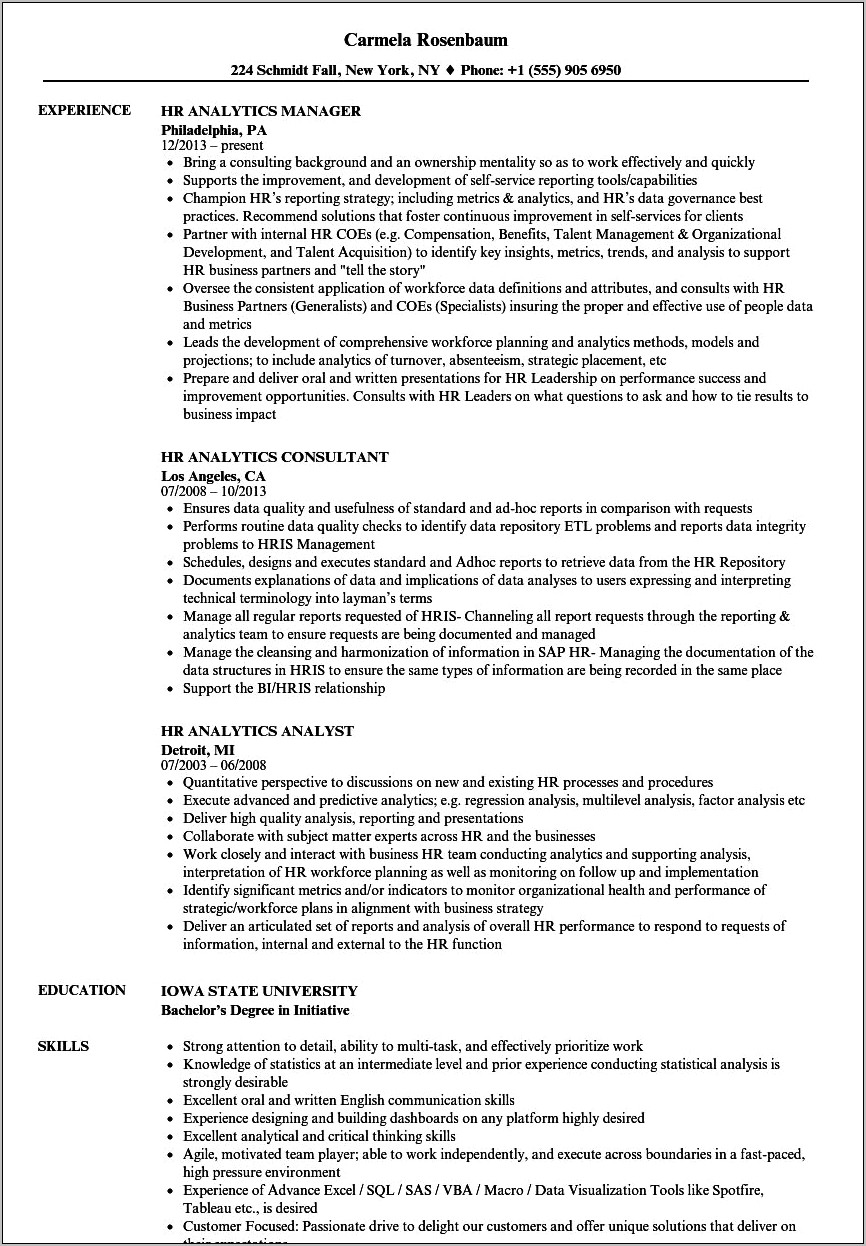 Sample Resumes For Hr Analyst