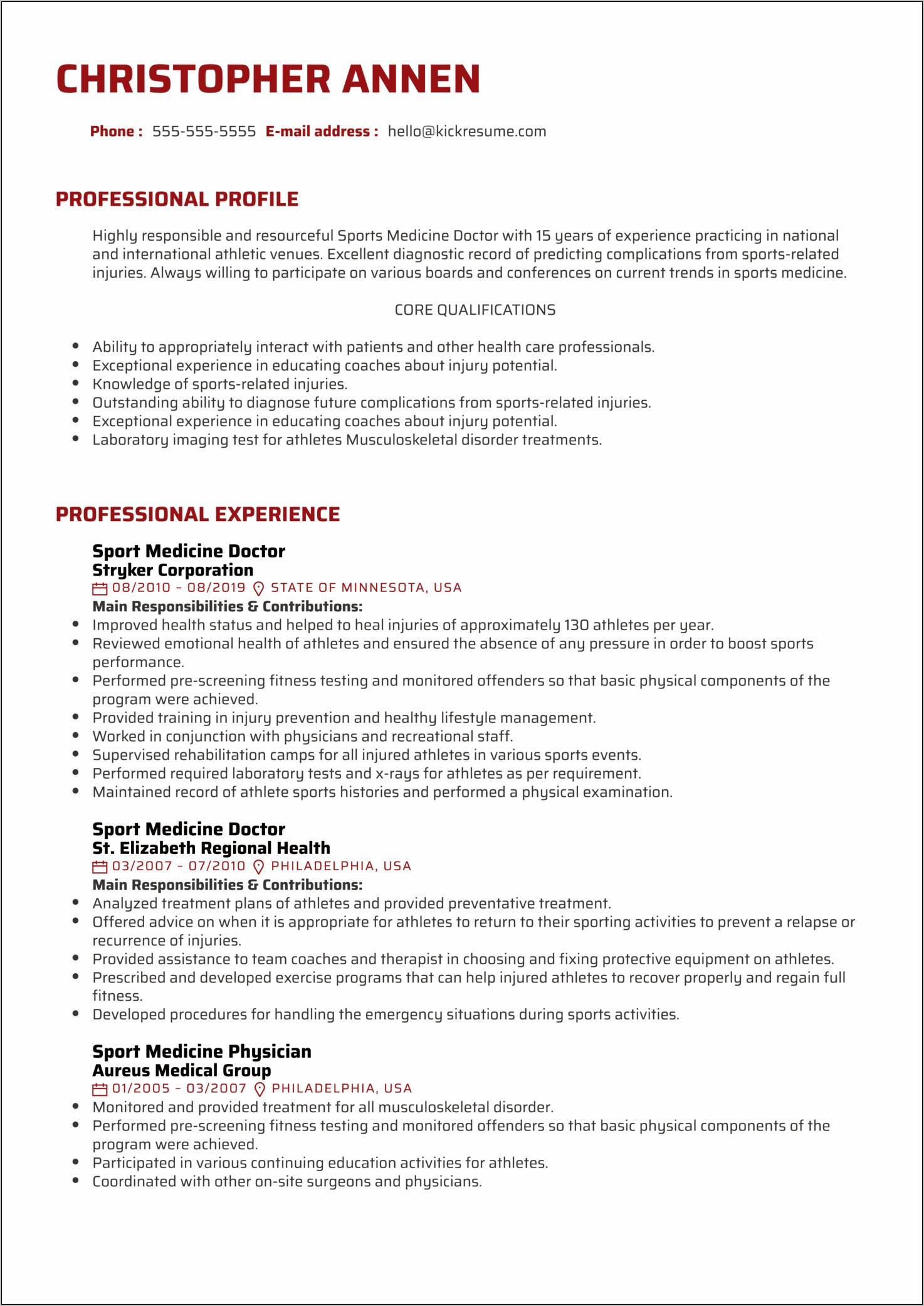 Sample Resumes For Medical Professionals