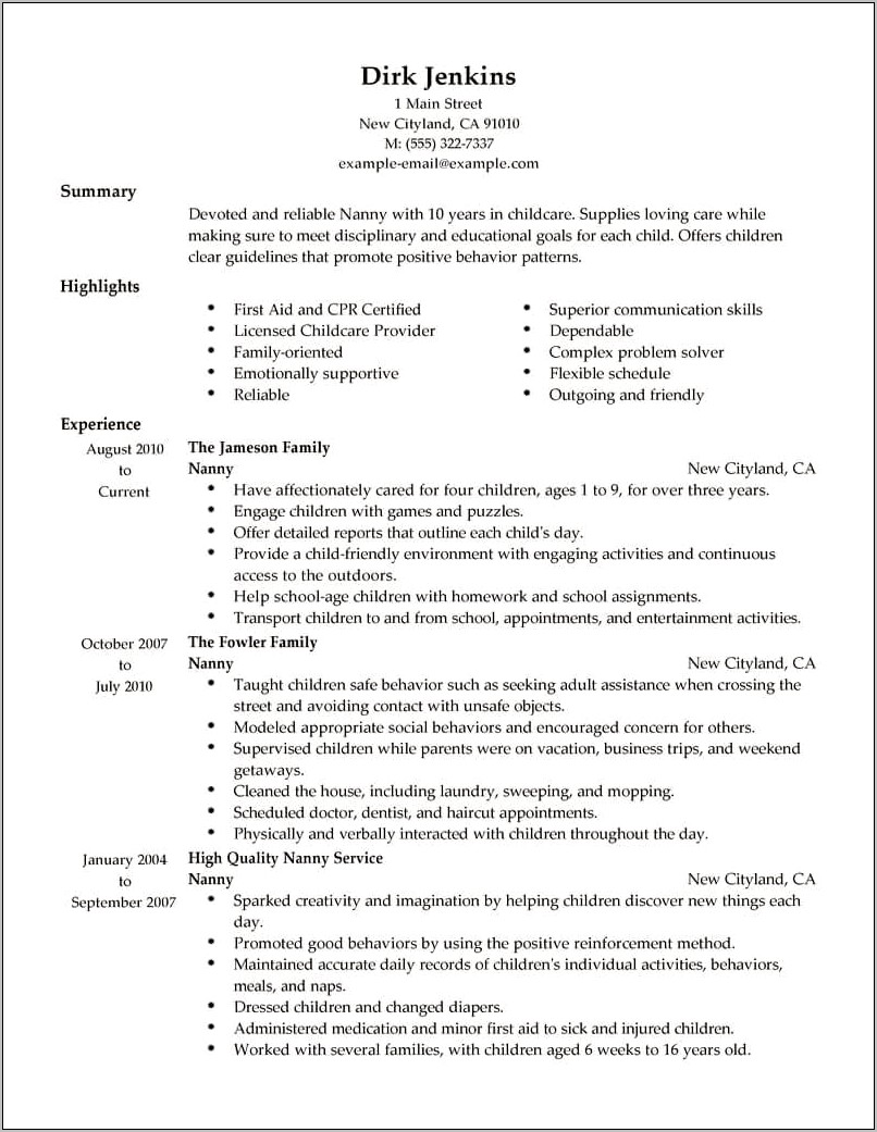 Sample Resumes For Nanny Positions