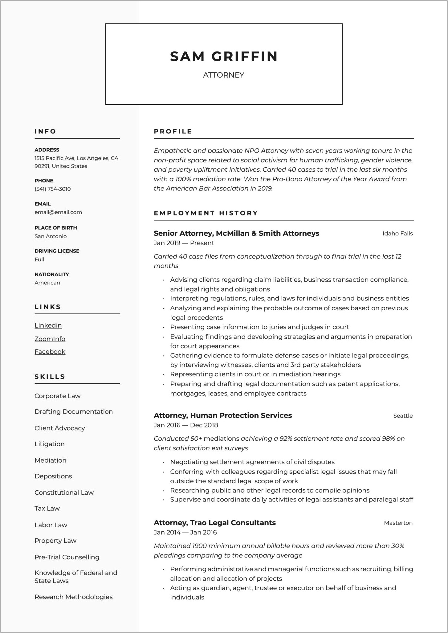 Sample Resumes In House Counsel