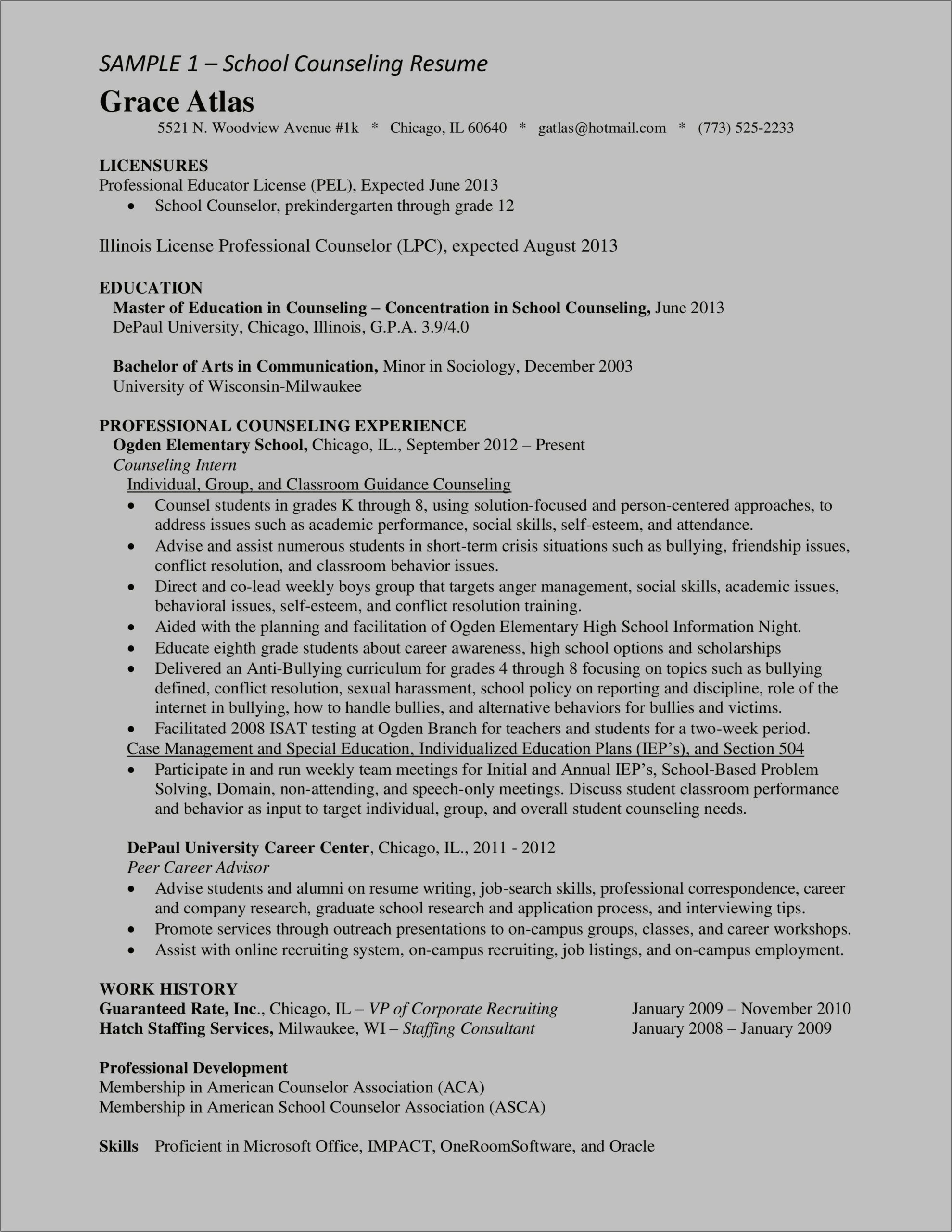 Sample School Counselor Resume Objective
