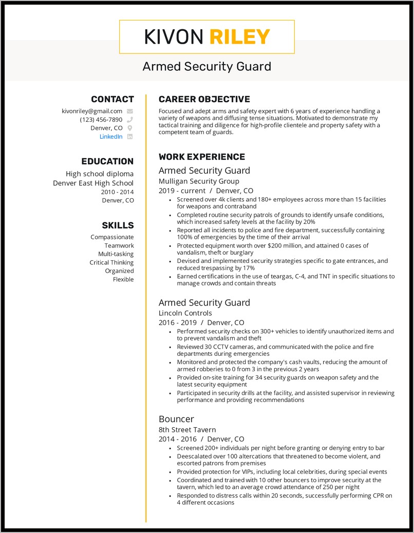 Sample Security Officer Resume Sumary