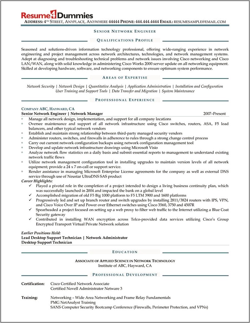 Sample Senior Network Administrator Resume